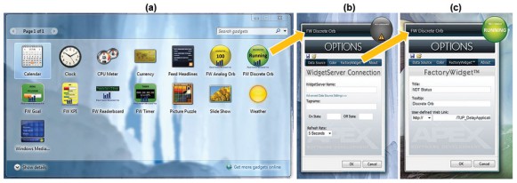 Figure 2. Widget implementation process. (a) An icon is selected from the supplied library or from Windows 7 Gadgets. The script to be displayed in the on and off states is also specified (eg, RUNNING or NOT RUNNING) (b) Widget Server name, tag name and refresh rates are specified. (c) The widget’s title is entered and a URL can be specified which, in ArcelorMittal’s implementation, connects the user to the GUI solution they developed in-house and subsequently to the source of delays when certain conditions are met.